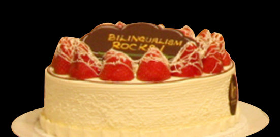 A cake with the words "Bilingualism Rocks" inscribed on top of it.