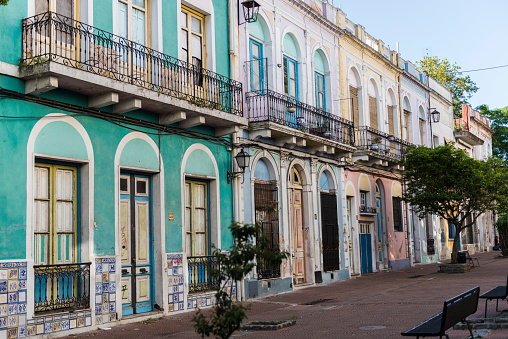 Photo of old colonial buildings in the Old Town in Montevideo, Uruguay.